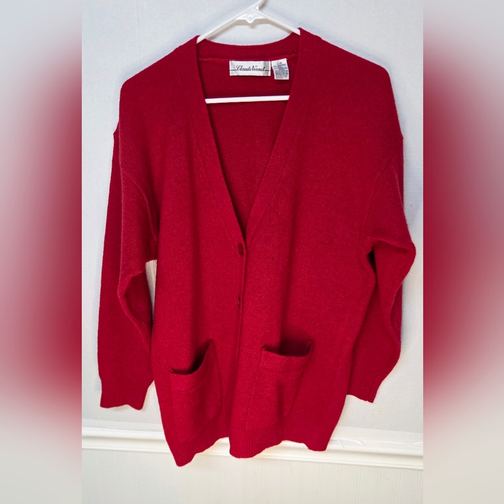 Claude Vernet Women’s Red Cardigan Sweater Size Large Lambswool Angora Vintage
